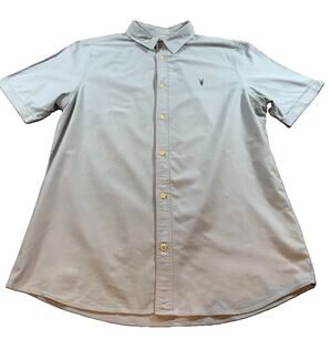 AllSaints Huntingdon Short Sleeve Shirt Men’s Sz L Light Blue Ramskull Button Up